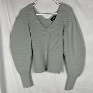 Express Pastel Mint Green Ribbed V Neck Puff Sleeve Sweater